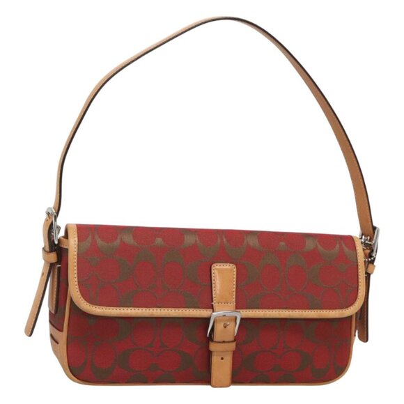 Coach Signature Shoulder Bag Canvas Red Silver Auth 121084